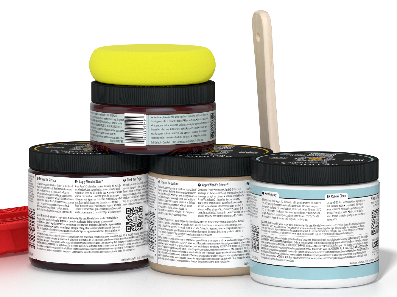 Five jars of paint with a yellow lid on a white background