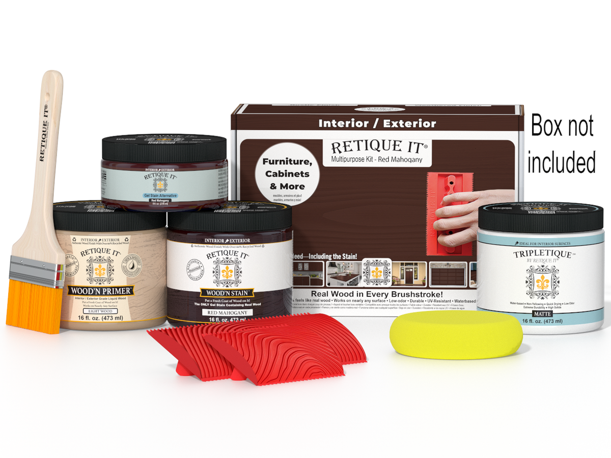 Painting supplies including cans, a brush, and a box on a white background