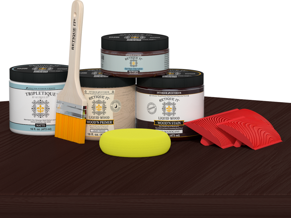 Retique It® countertop kit for kitchen island in red mahogany stain, showing a finished wood surface with rich red tones.