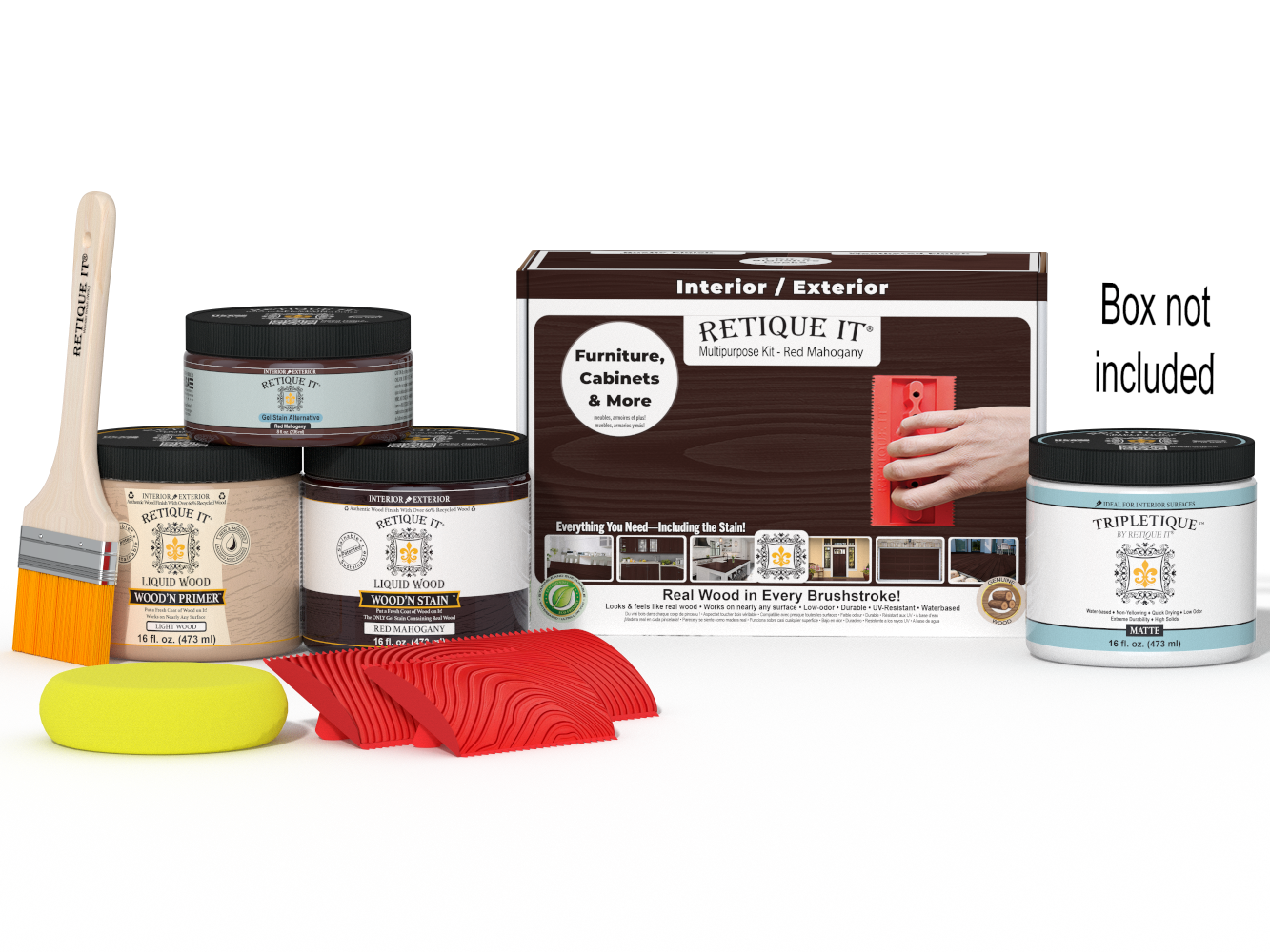 Retique It® Multi-purpose Wood'n Kit in Red Mahogany for interior top coat, showing the kit's contents and packaging.