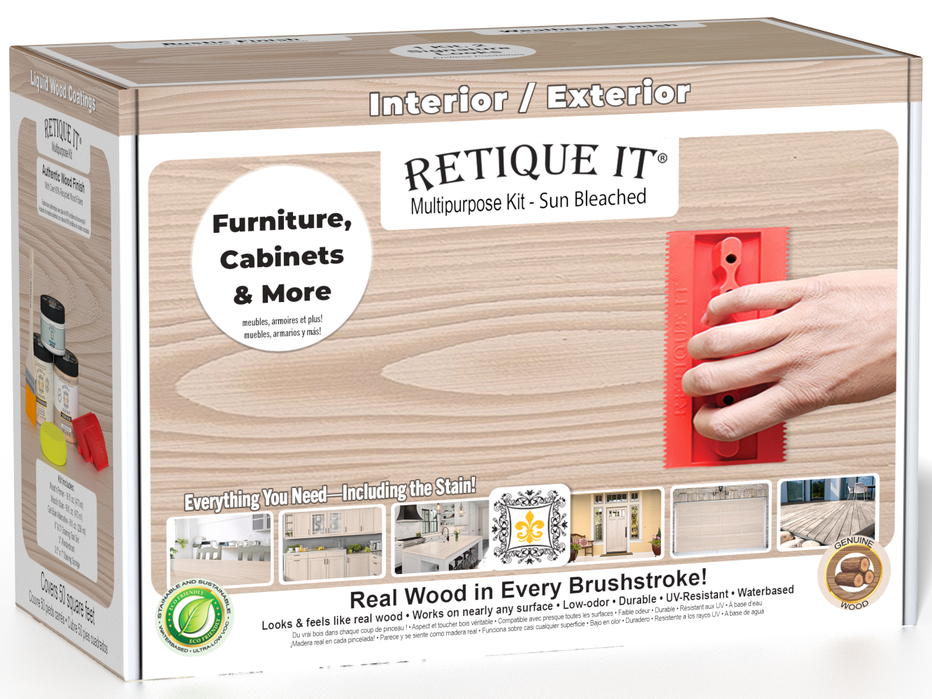 Sun-bleached Multi-purpose Wood'n Kit by Retique It® with wood finish bottles and application tools in a box.