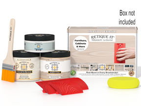 Furniture care kit with paintbrush, containers, and tools on a white background