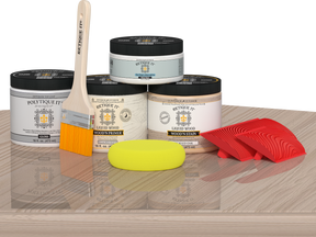Sun-bleached Multi-purpose Wood'n Kit by Retique It® with exterior top coat on table, featuring wood finish application tools and sample wood.