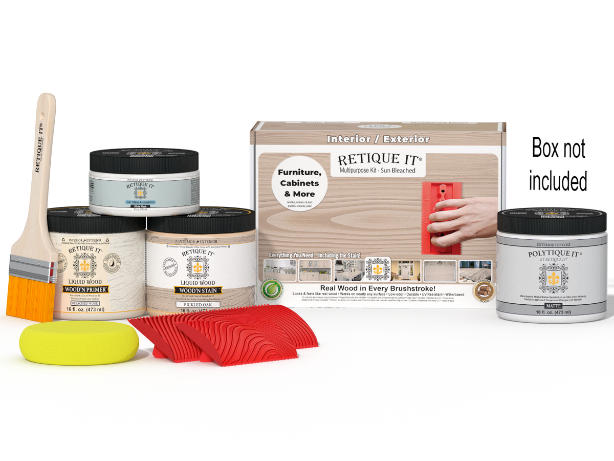 Sun bleached Multi-purpose Wood'n Kit by Retique It® for exterior wood finishing, includes top coat and application tools.