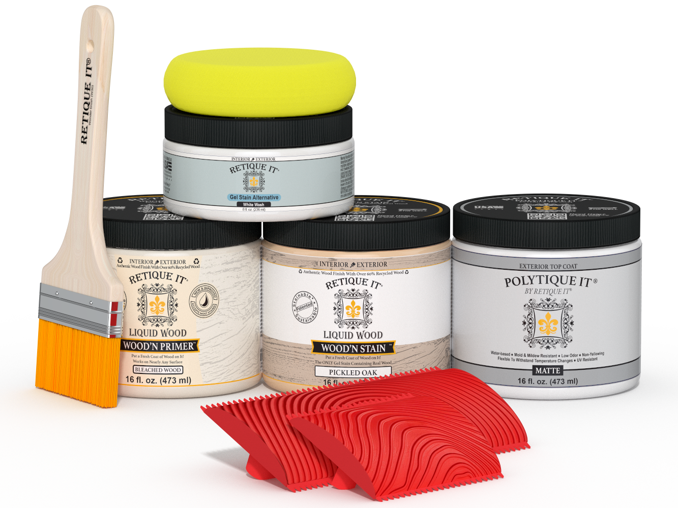 Med-sized Sun Bleached Wood'n Finish Kit by Retique It® for exterior wood top coating, includes applicator tools and finish components.