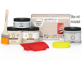 Painting supplies including jars, a brush, and a box labeled 'Retique It' on a white background.