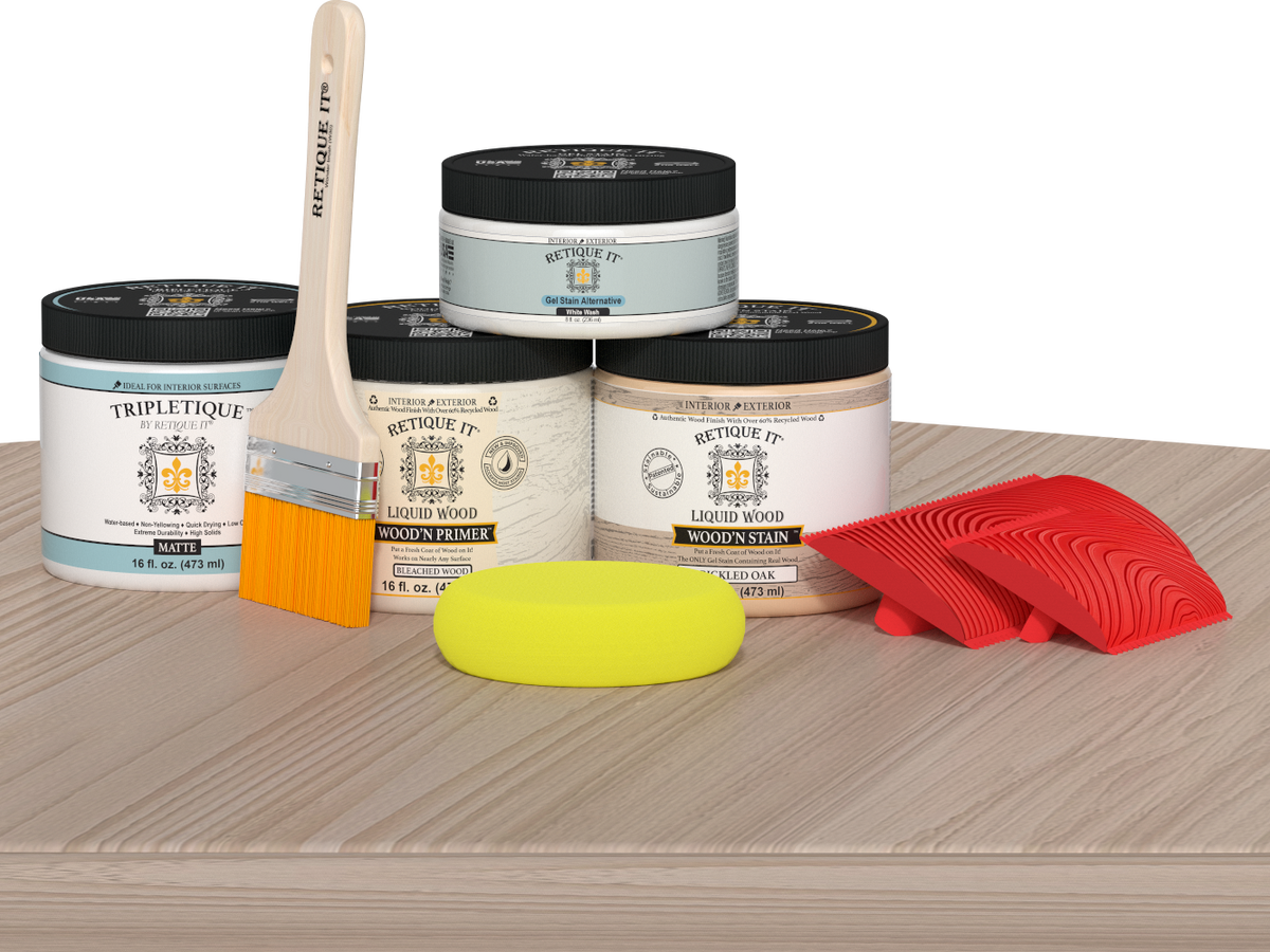 Sun bleached wood finish kit for kitchen island countertop by Retique It® Wood'n Finish Kits, shown on a kitchen island surface.