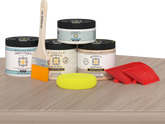Sun bleached wood finish kit for kitchen island countertop by Retique It® Wood'n Finish Kits, shown on a kitchen island surface.