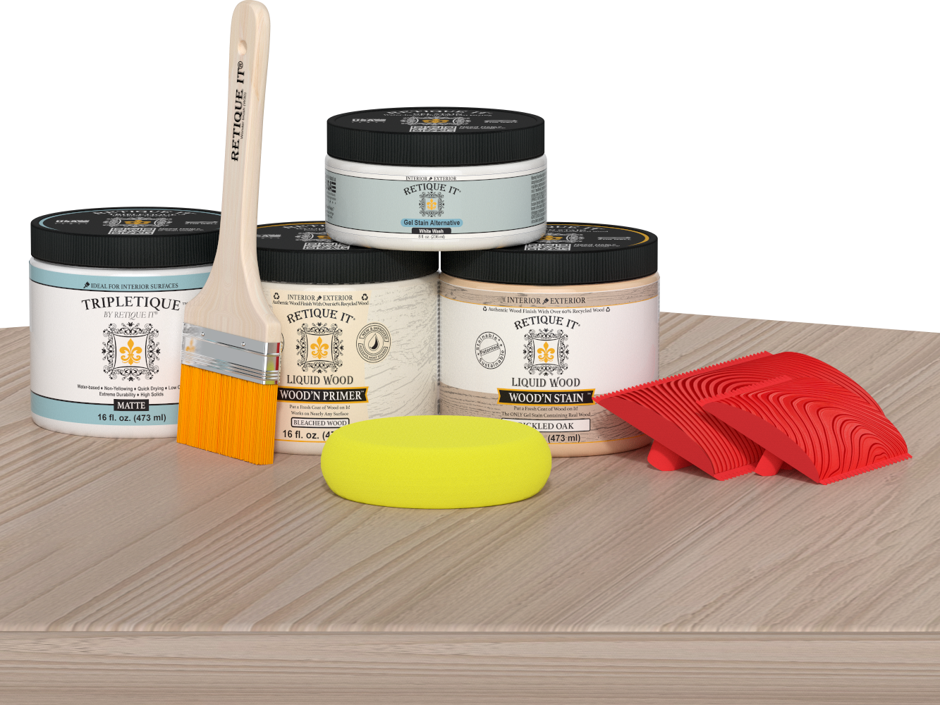 Sun-bleached Mid-sized Wood'n Finish Kit by Retique It® for interior top coating, featuring wood finish tools on a table.