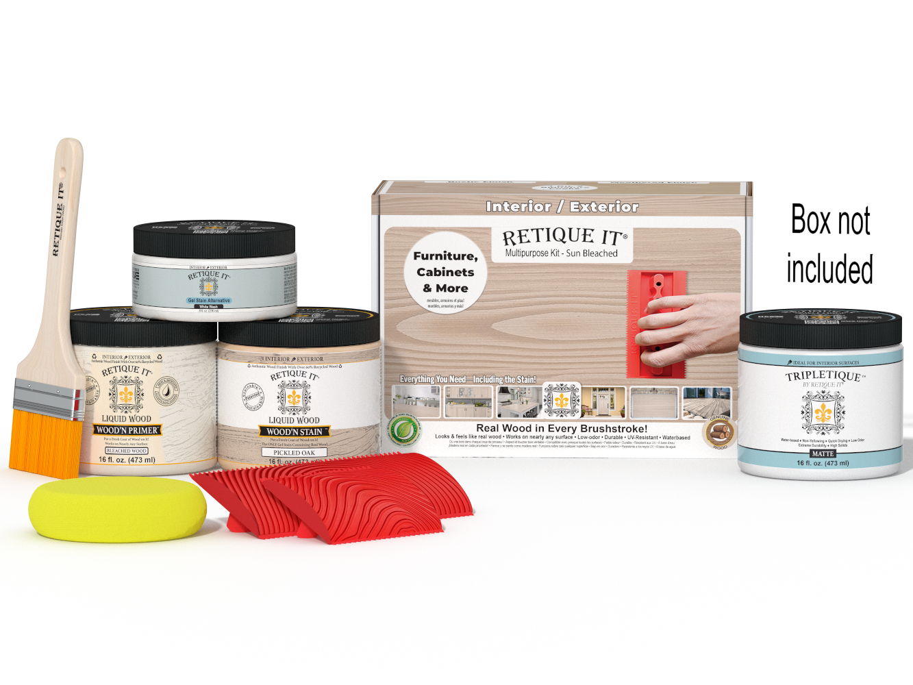 Sun-bleached Wood'n Kit (Med) from Retique It® for interior top coat, includes wood finish tools and materials in a compact box.