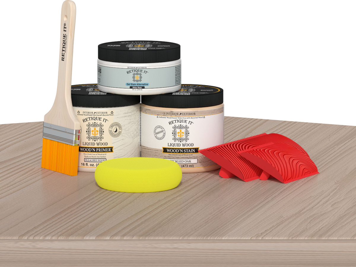 Sun-bleached Retique It® Wood'n Finish Kit in medium size displayed on table for multi-purpose wood finishing projects.