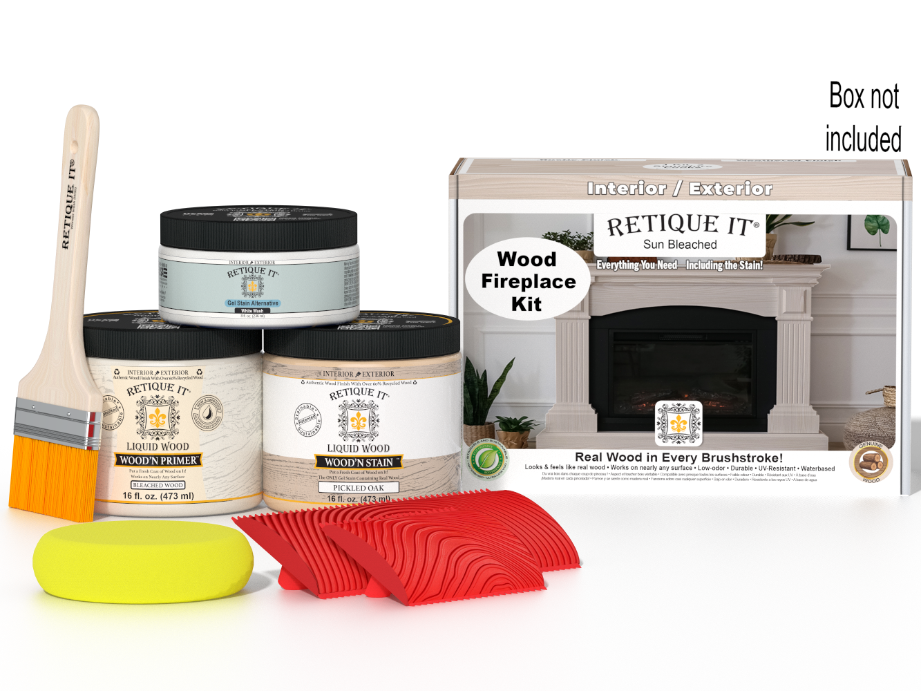 Retique It® Wood'n Finish Kit for full fireplace in Sun Bleached, includes wood stain and finishing tools, with packaging box visible.