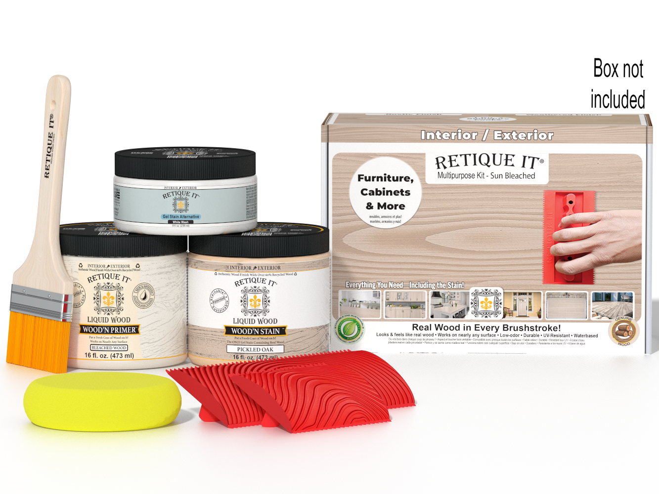 Sun-bleached Multi-purpose Wood'n Kit by Retique It® for finishing and staining wood surfaces, includes all necessary tools and materials.