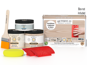 Sun-bleached Multi-purpose Wood'n Kit by Retique It® for finishing and staining wood surfaces, includes all necessary tools and materials.