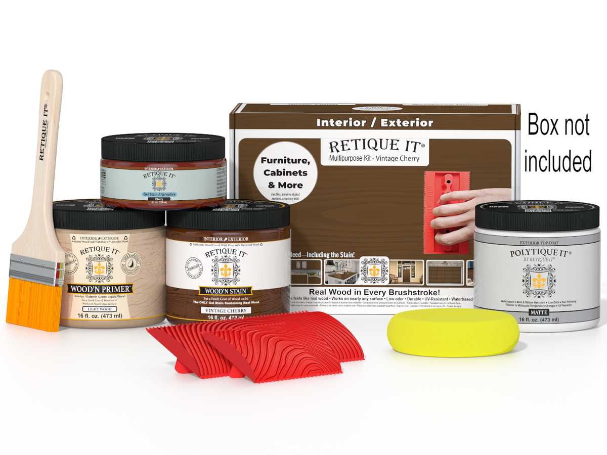 Painting supplies including jars, a brush, and a box labeled 'Reticule It' on a white background.