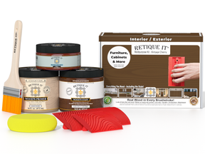 Retique It wood care products including paint, primer, and tools on a white background