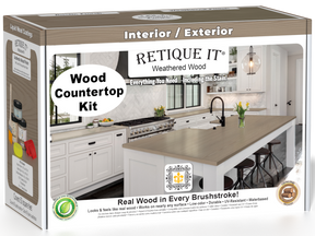Weathered wood countertop kit from Retique It® for kitchen islands, featuring stain application in a natural weathered wood finish.