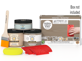 Retique It® Wood'n Kit in Weathered Wood finish, medium-sized package with wood finish products and tools for furniture restoration.