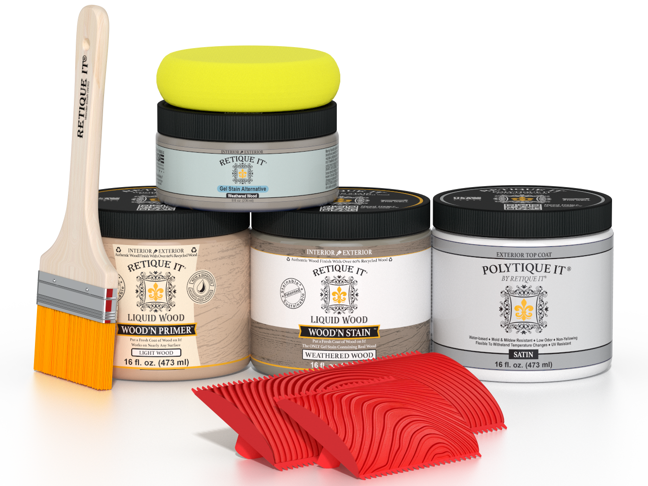 Retique It® Wood'n Kit in Weathered Wood finish, exterior top coat for wood surfaces, satin finish, medium size.