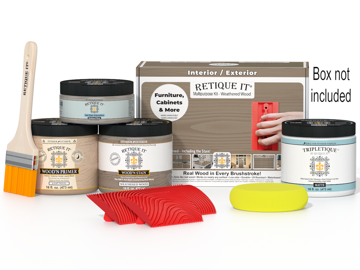 Painting supplies including paint cans, a brush, and a sanding block on a white background.