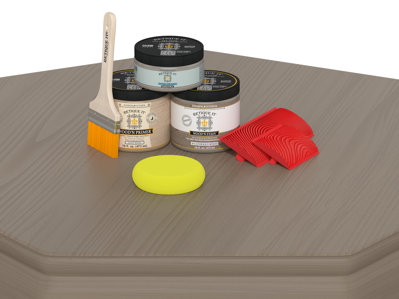 Painting supplies including a brush, containers of paint, a sponge, and scrapers on a wooden surface.