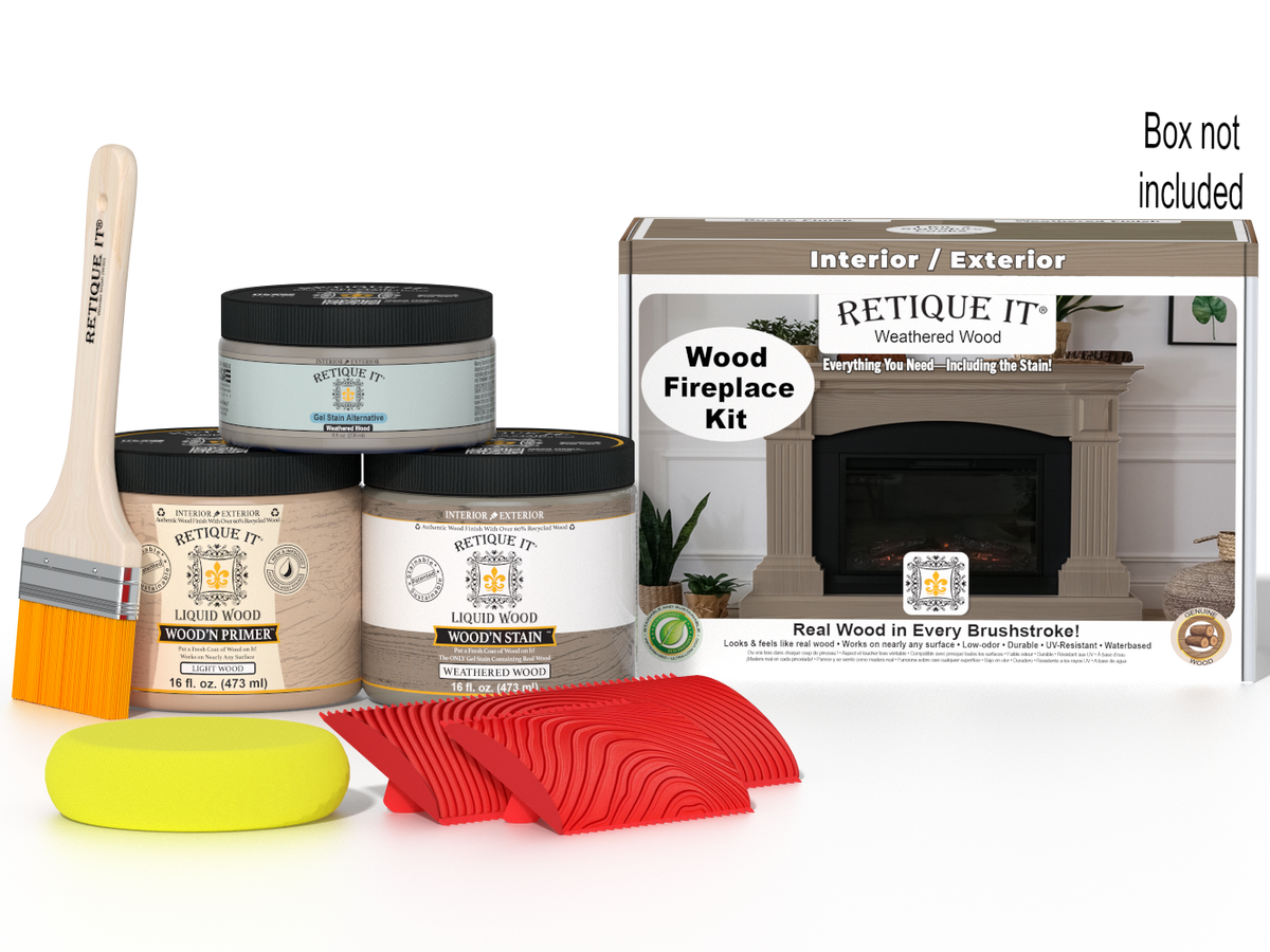 Retique It® Fireplace Wood'n Finish Kit in Weathered Wood stain, showing the full fireplace with weathered wood finish and stain details.