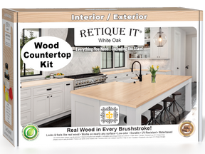 White oak kitchen island countertop kit by Retique It® featuring stains, shown with a 3D box design and smooth surface.