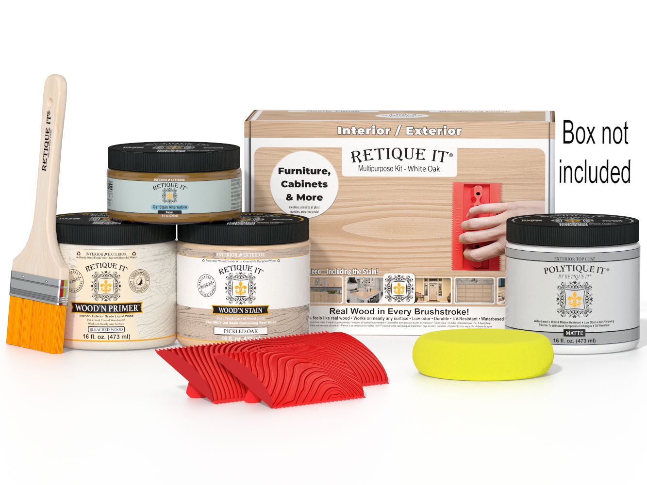 Painting supplies including paint cans, a brush, and a sanding block on a white background.