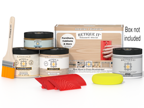 Painting supplies including paint cans, a brush, and a sanding block on a white background.