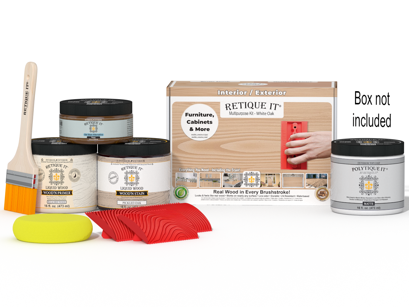 Retique It® Wood'n Kit in white oak finish with a wooden top coat, designed for exterior wood projects, shown with application tools.