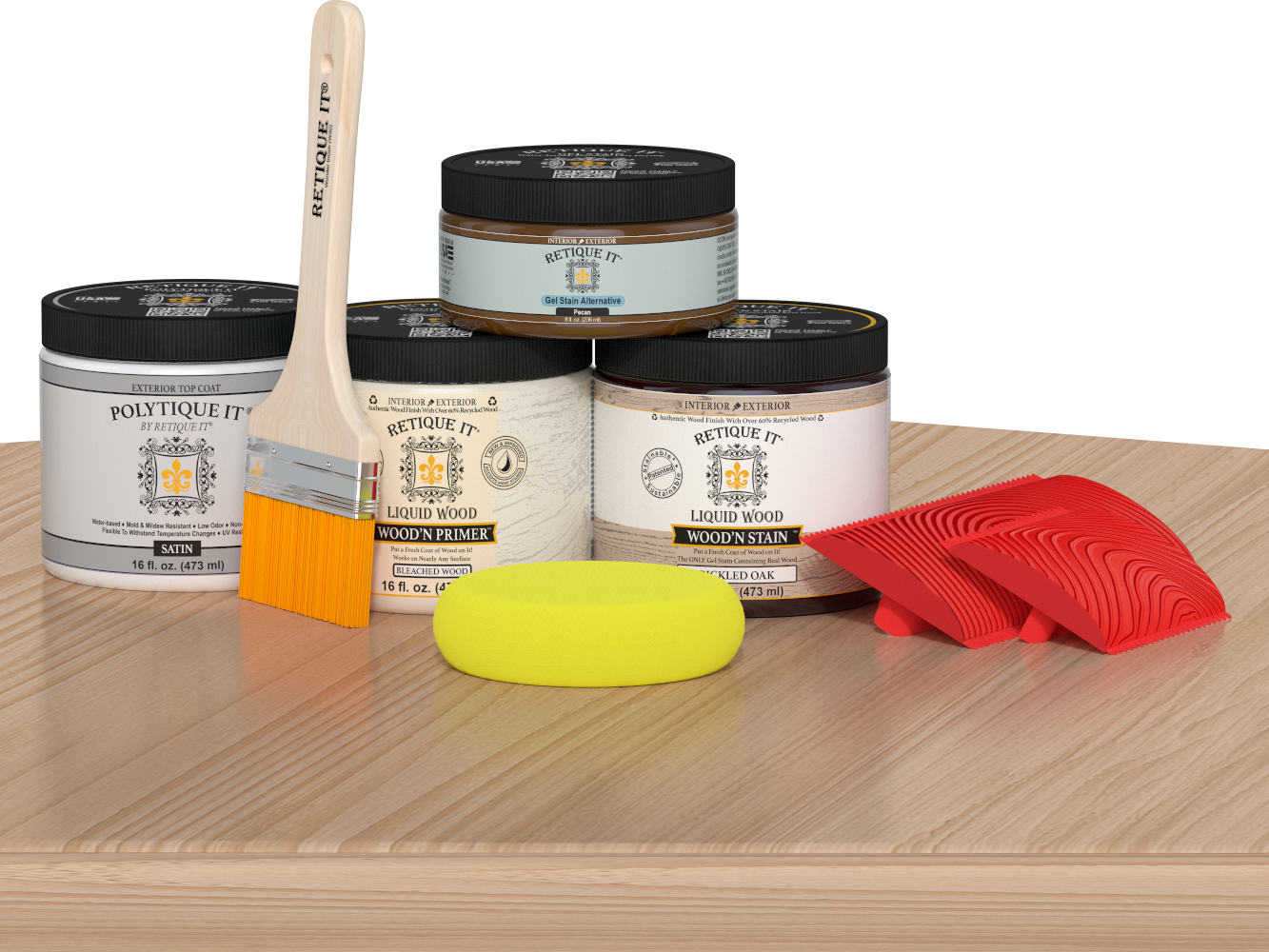 Retique It® Wood'n Finish Kit in White Oak, exterior top coat on a table, showcases multi-purpose wood finishing set.