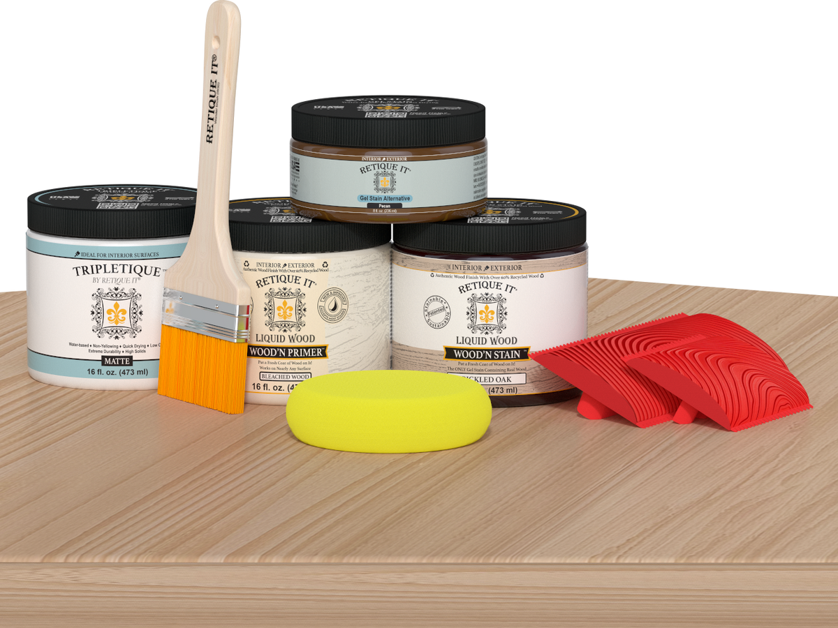 Retique It® Wood'n Kit in White Oak for interior top coat, showing the multi-purpose wood finish kit on a table.