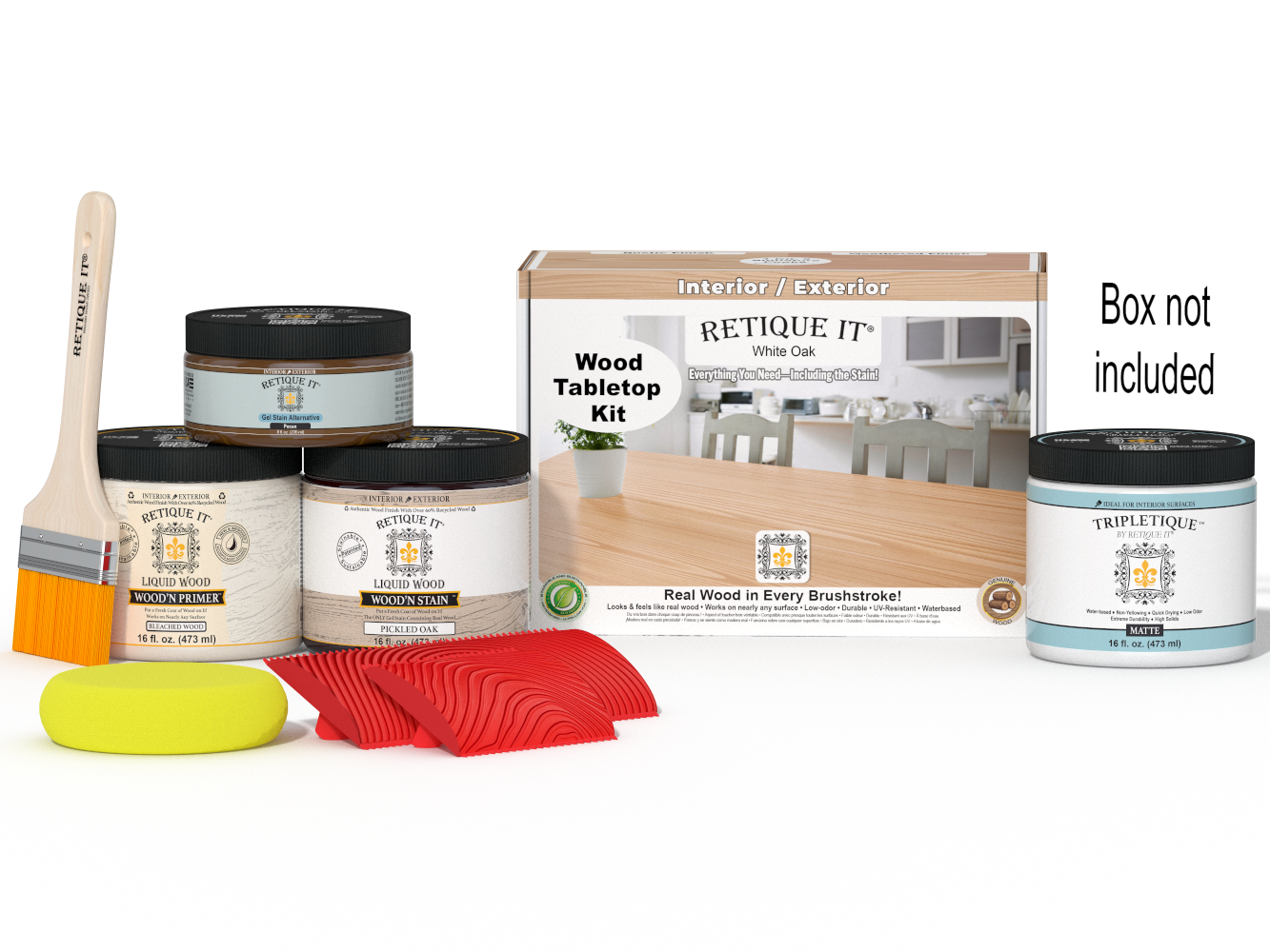 Retique It® Wood'n Finish Kit in White Oak for tabletops, featuring wood stain colors and application tools for furniture finishing.