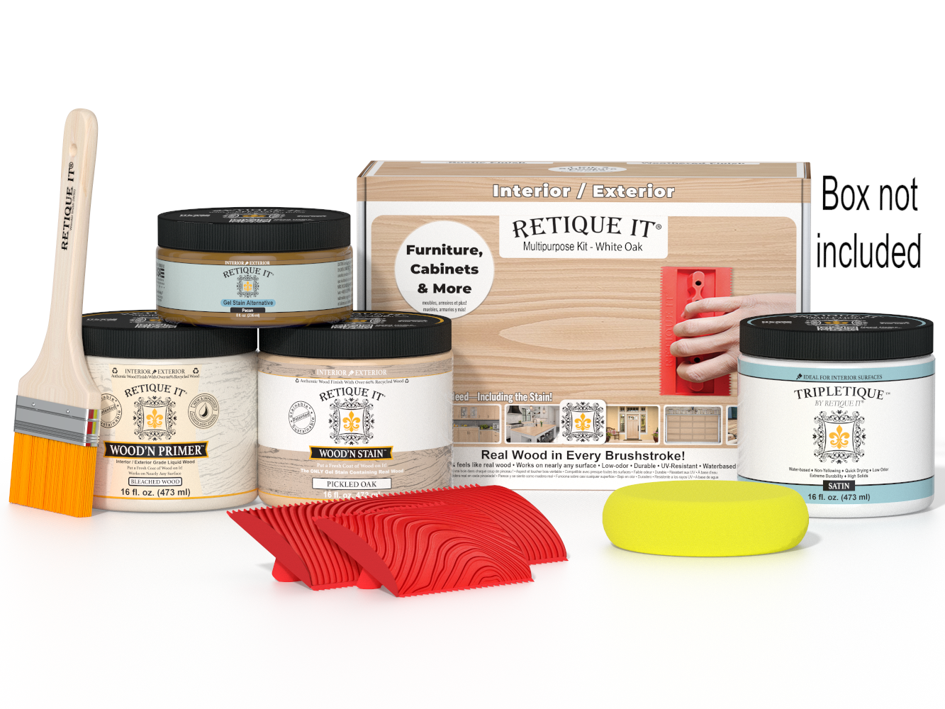 Painting supplies including paint cans, a brush, and a sanding block on a white background.