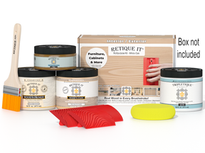 Painting supplies including paint cans, a brush, and a sanding block on a white background.