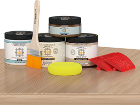 Retique It® Wood'n Finish Kit in white oak stain, double size, featuring wood stains for tabletop finishing, displayed on a table.