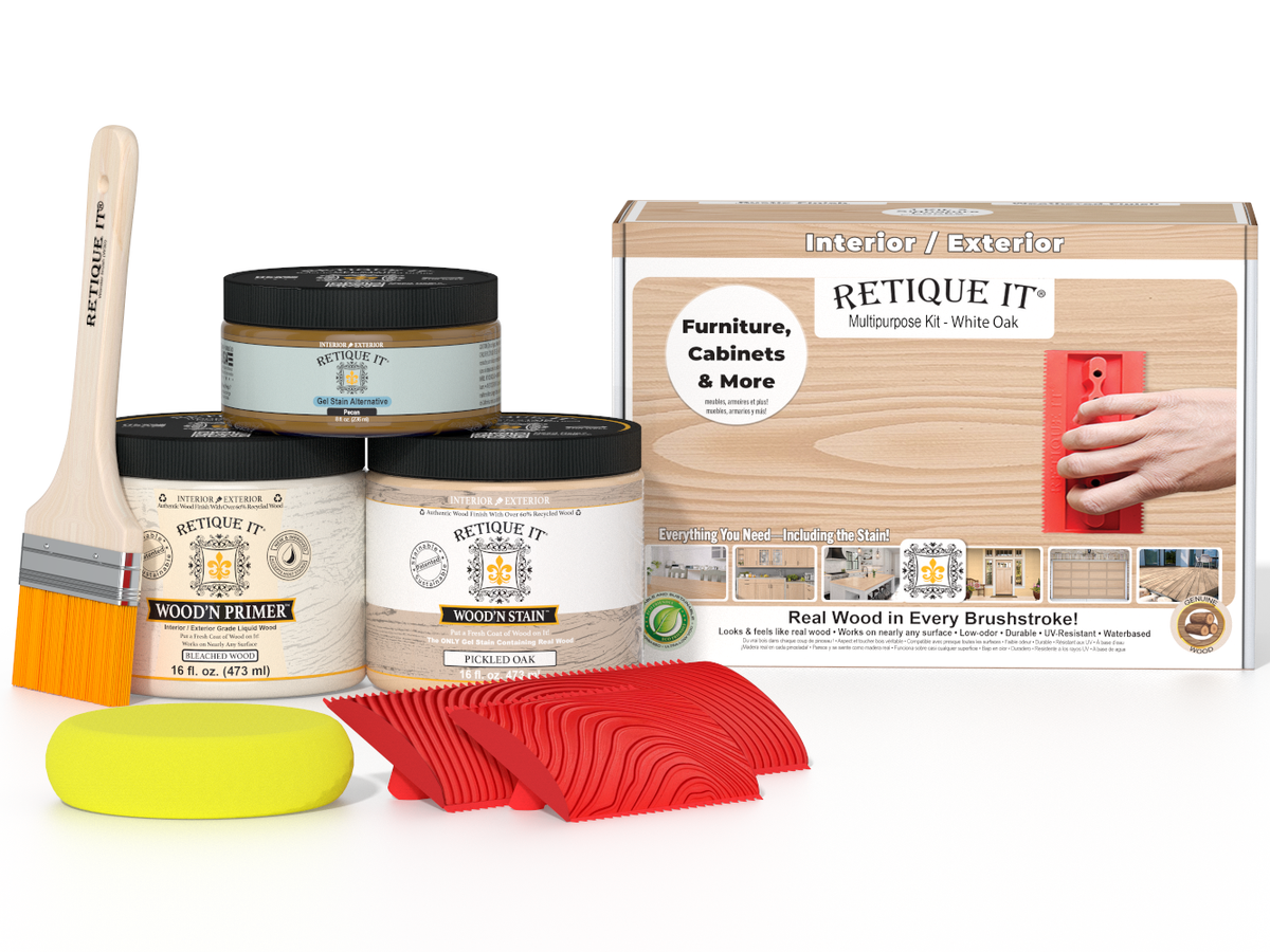 Retique It wood staining kit with various tools and packaging on a white background