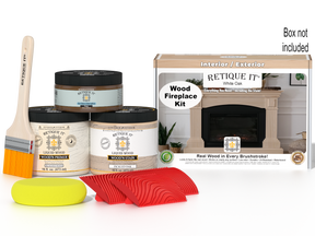 Retique It® Fireplace Wood'n Finish Kit in White Oak stain, showing a full fireplace with wood finish application and tools.