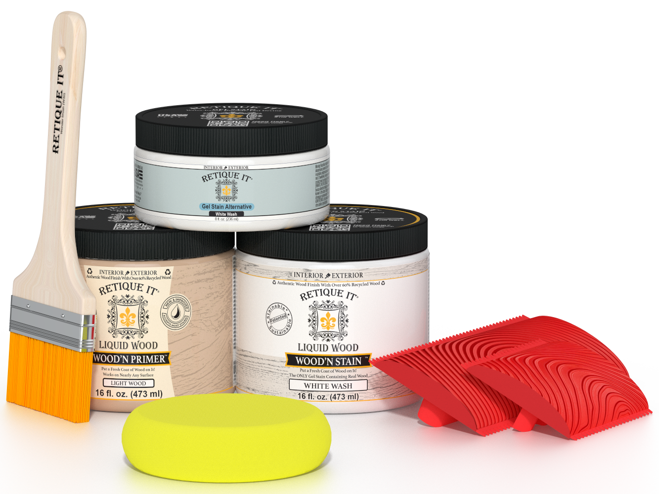 Retique It® Wood'n Finish Kit in White Wash, medium-sized, showing wood finish application and tools included in the kit.