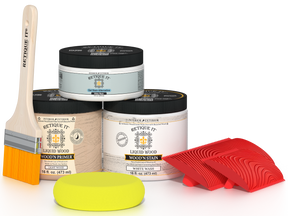 Retique It® Wood'n Finish Kit in White Wash, medium-sized, showing wood finish application and tools included in the kit.