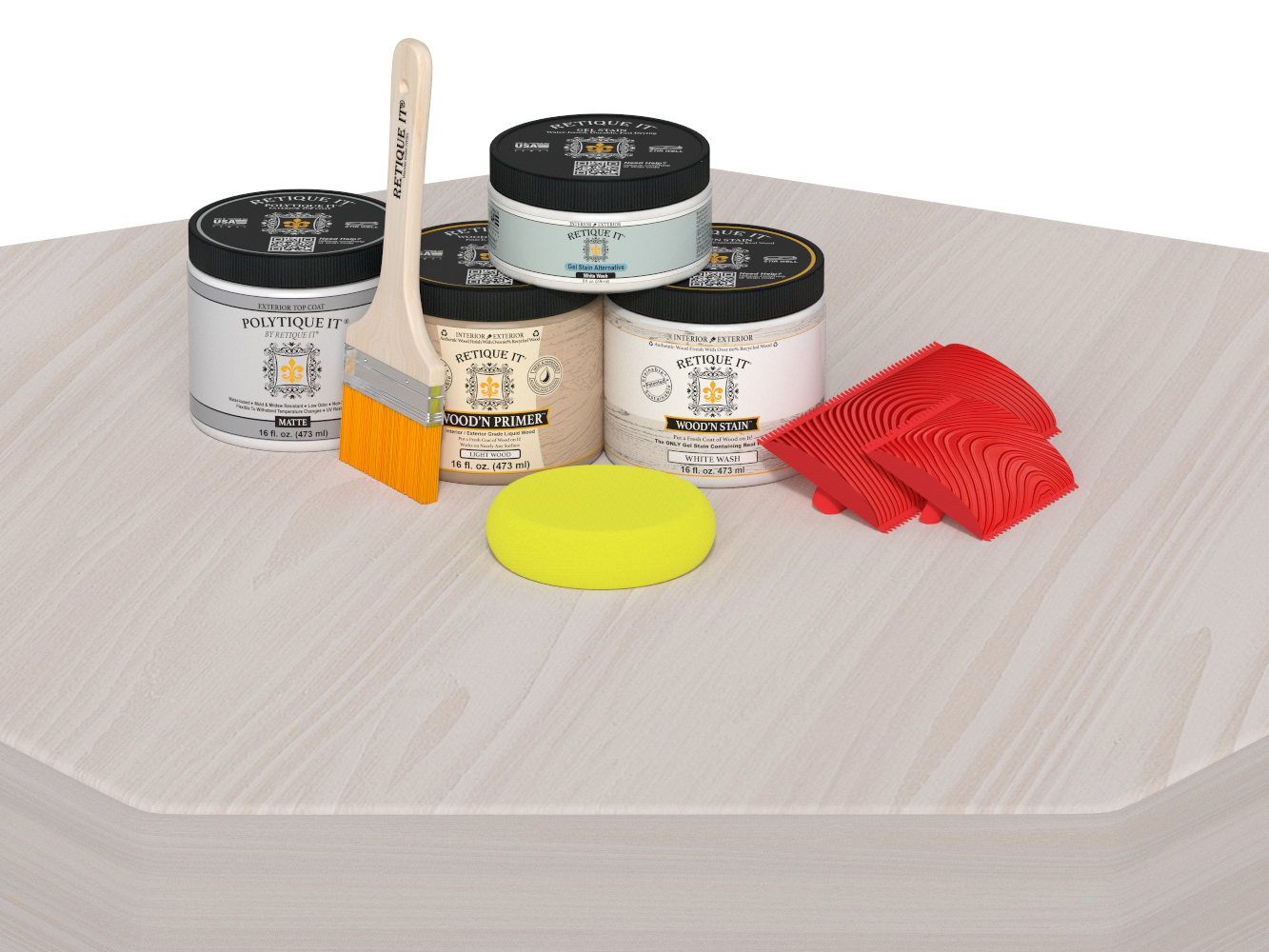 Retique It® Wood'n Finish Kit in White Wash for exterior wood projects, shown on a table with application tools.