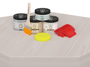 Retique It® Wood'n Finish Kit in White Wash for exterior wood projects, shown on a table with application tools.