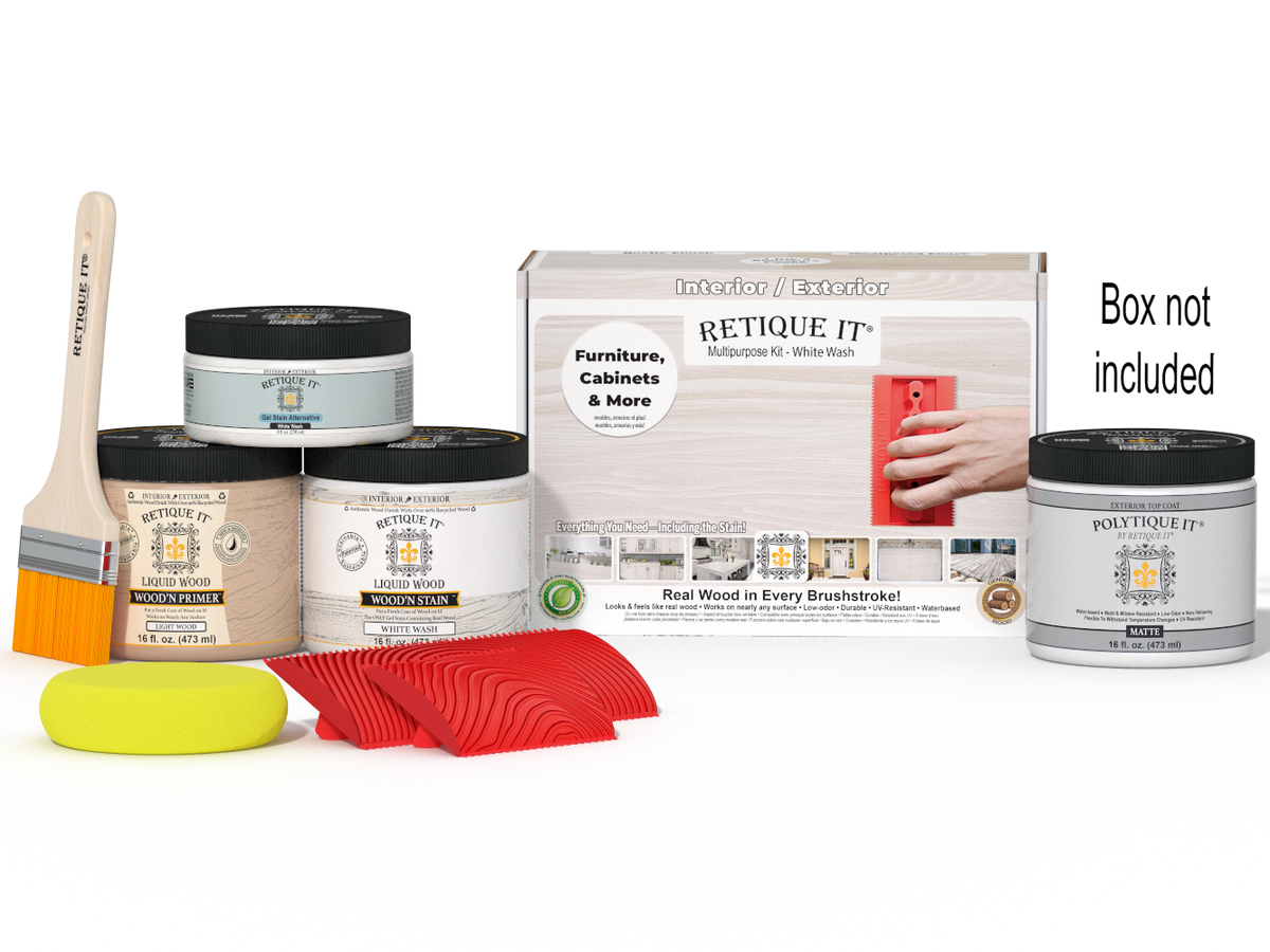 Retique It® Wood'n Finish Kit in white wash for exterior wood projects, includes top coat and application tools in a portable box.