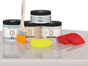 Retique It® Wood'n Finish Kit double size white wash stain set on a table, showing wood finish application and color details.