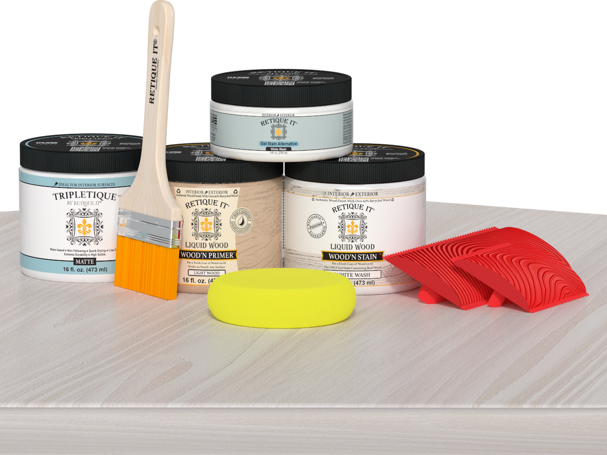 Retique It® White Wash countertop kit for kitchen islands, showing stained wood surface with white wash finish.