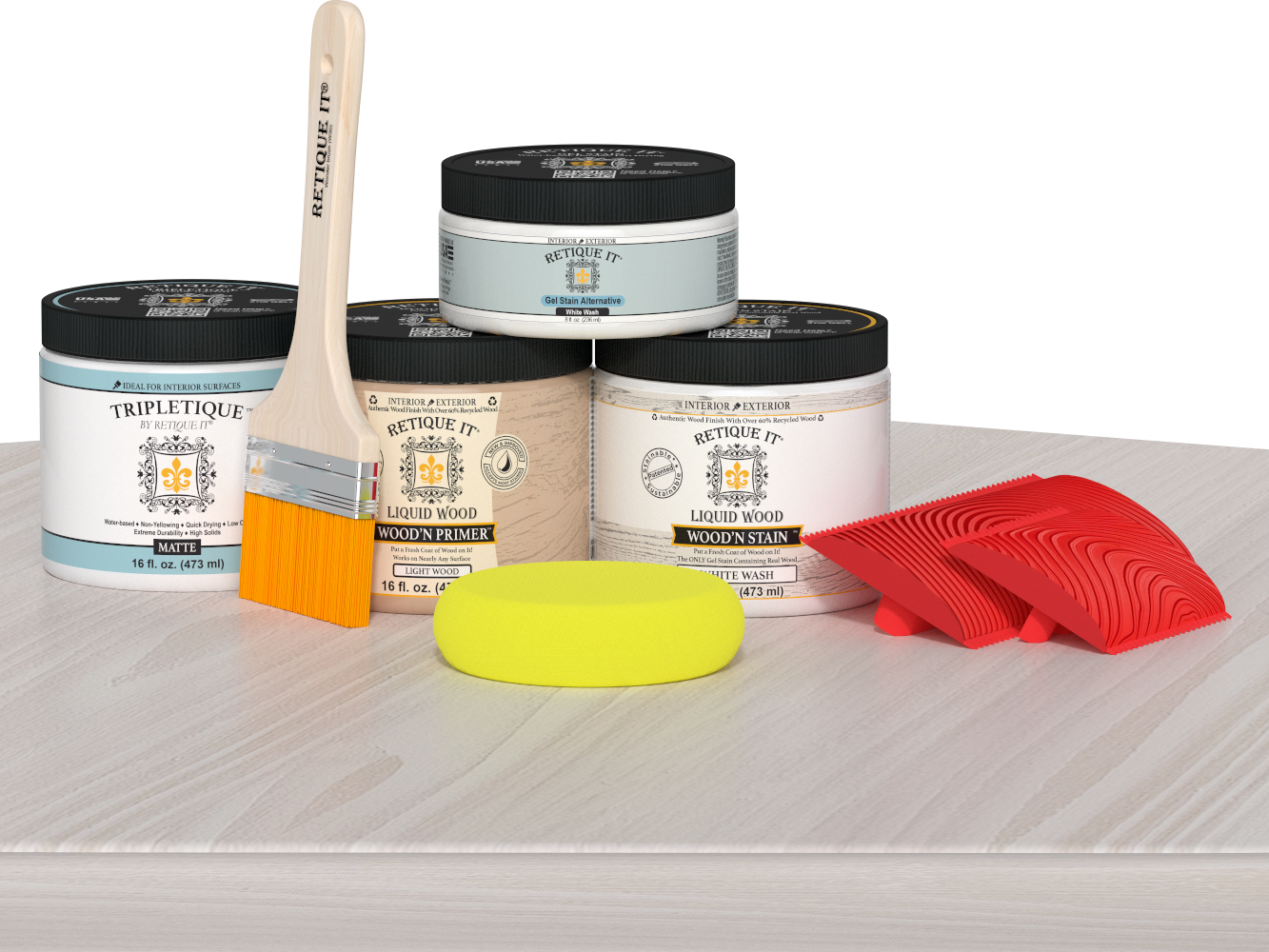 Retique It® White Wash countertop kit for kitchen islands, showing stained wood surface with white wash finish.
