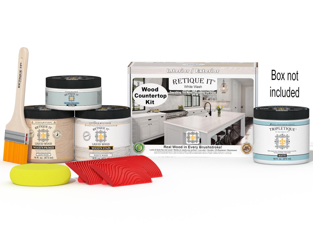 Retique It® White Wash countertop kit for kitchen islands, showing stained wood surface with a white wash finish.