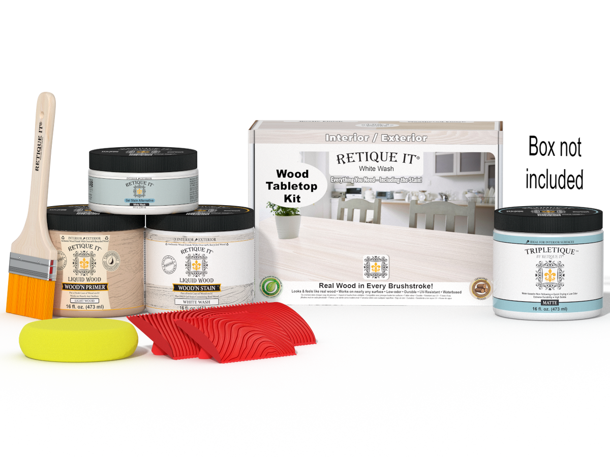 Retique It® Wood'n Finish Kit Double Size in White Wash stain, featuring applicator brush and wood sample for tabletop finishing.