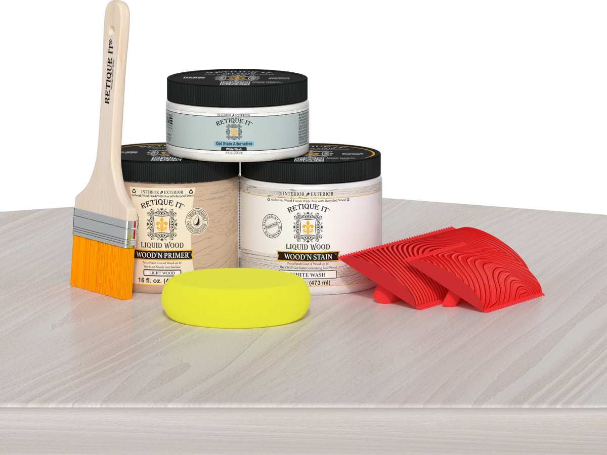 Retique It® Wood'n Finish Kit in White Wash for multi-purpose wood finishing, displayed on a table.