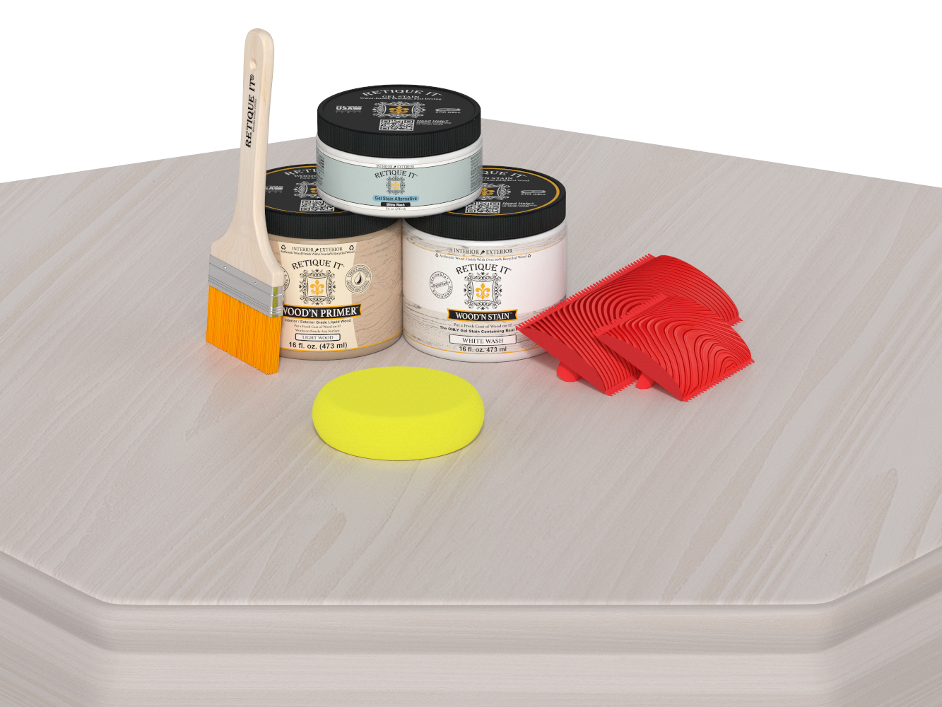 Retique It® Wood'n Finish Kit in White Wash for wood furniture, showing application tools and finished wood surface.